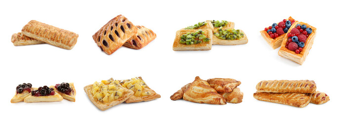 Collage with tasty puff pastries on white background