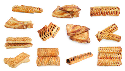 Collage with tasty puff pastries on white background