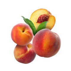 Juicy fresh peaches with green leaves falling on white background