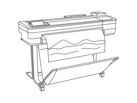 Hand drawing Large inkjet plotter printer in linear style. Plotter printer equipment for printing many products such as billboards, posters, roll-ups and more large formats. Vector sketch or line