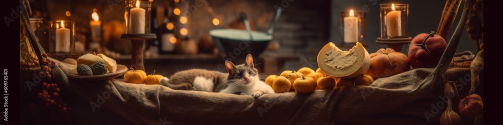 Poster a rabbit is sitting in a basket of fruit. generative ai image.