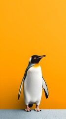 Fototapeta premium Penguin standing on yellow background, minimalist photography style, vertical format 9:16. Generative AI