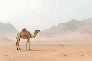 Camel in the desert isolated on the left, desert background, horizontal format 3:2. Generative AI - obrazy, fototapety, plakaty