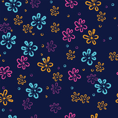 Brush strokes, flowers, spots create seamless patterns for fashionable bright textiles, graphics, backgrounds and crafts.