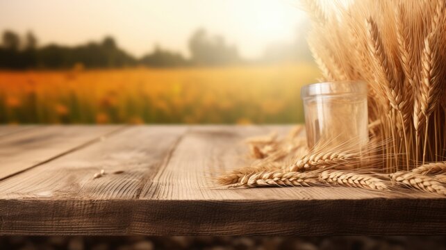 The empty wooden table top with blur background of wheat farm. Generative AI image AIG30.