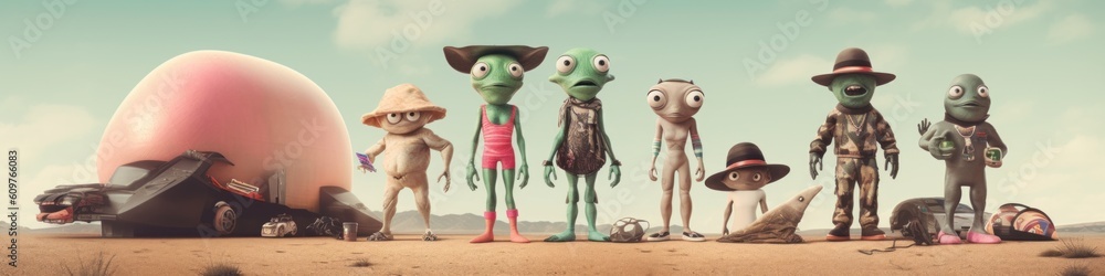 Aufkleber a group of cartoon characters standing next to each other. generative ai image.