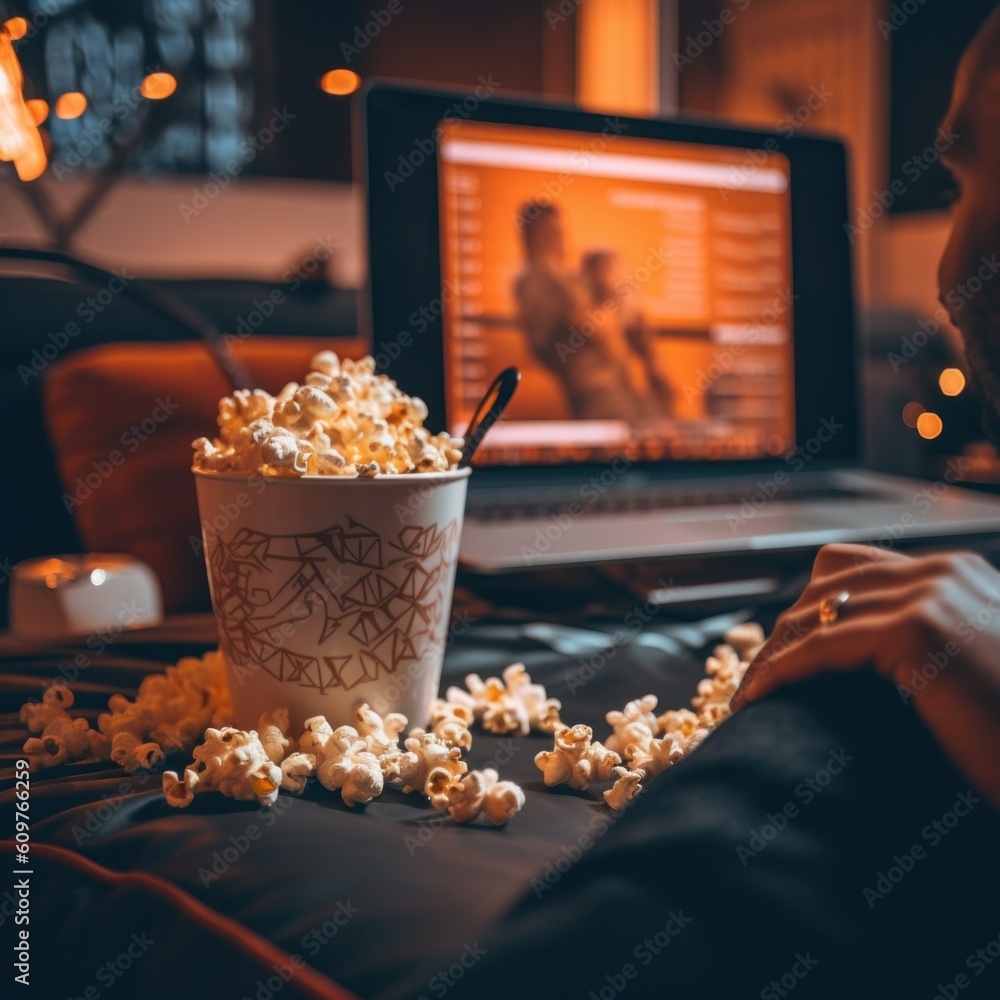 Poster a man sitting in front of a laptop with popcorn in front of him. generative ai image.