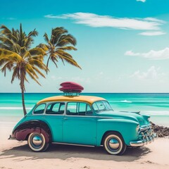 blue car parked on beach (seaside).  Generative AI 