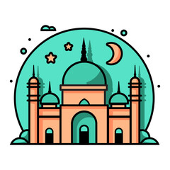a stylized of a muslim mosque,a flat design of a masjid for Islamic organizations or communities,Beautiful Islam temple icon,crescent and cloud,Vector Illustration,Eid Mubarak greetings,Ramadan Kareem
