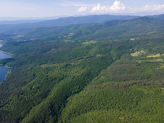 Fototapeta premium Aerial spring view of Topolnitsa Reservoir, Bulgaria