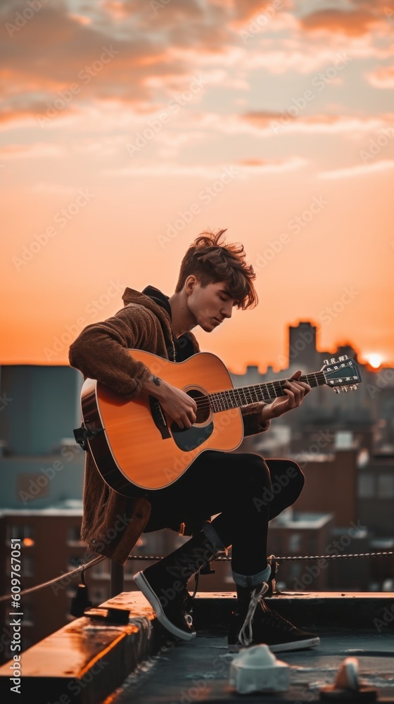 Poster a man sitting on top of a building playing a guitar. generative ai image.