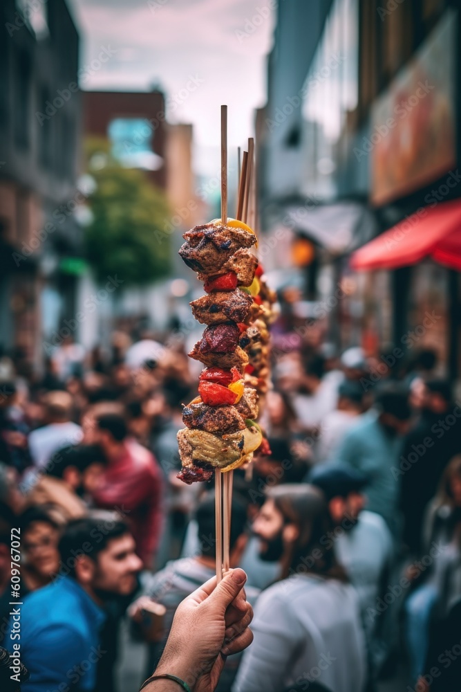 Poster a person holding a skewer of food in front of a crowd. generative ai image.