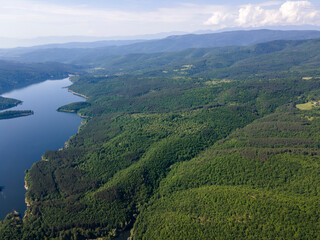 Fototapeta premium Aerial spring view of Topolnitsa Reservoir, Bulgaria