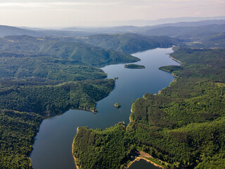 Aerial spring view of Topolnitsa Reservoir, Bulgaria