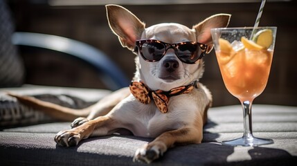 A dog with glasses lounges on a sun lounger with a cocktail. Created with Generative AI technology.