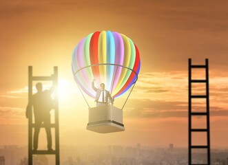Career achievement concept with businessman on balloon and ladde