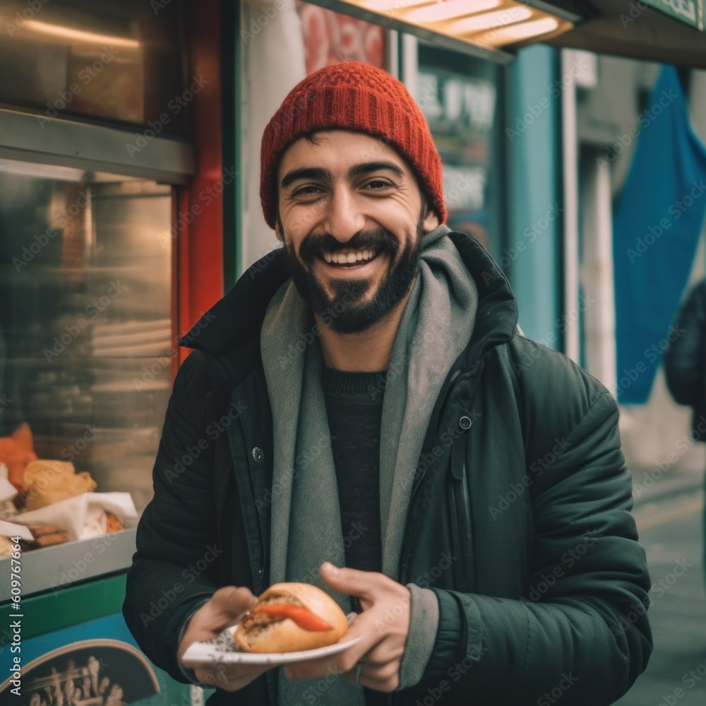 Canvas Prints A smiling man holding a plate of food. Generative AI image.