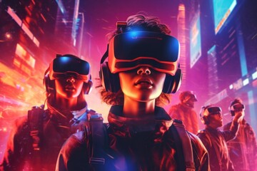 A group of people wearing virtual reality headsets. Generative AI image.