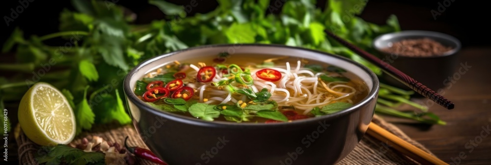 Poster a bowl of soup with noodles and vegetables on a table. generative ai image.