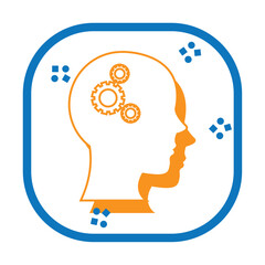 Vector image of head icon with gears inside orange color with blue border