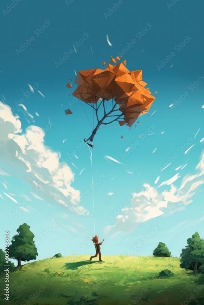 Poster a person flying a kite in a field. generative ai image.