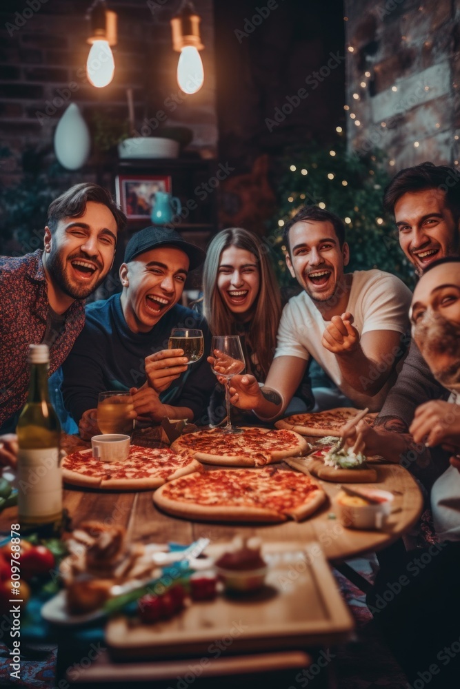 Aufkleber a group of people sitting around a table with a pizza. generative ai image.