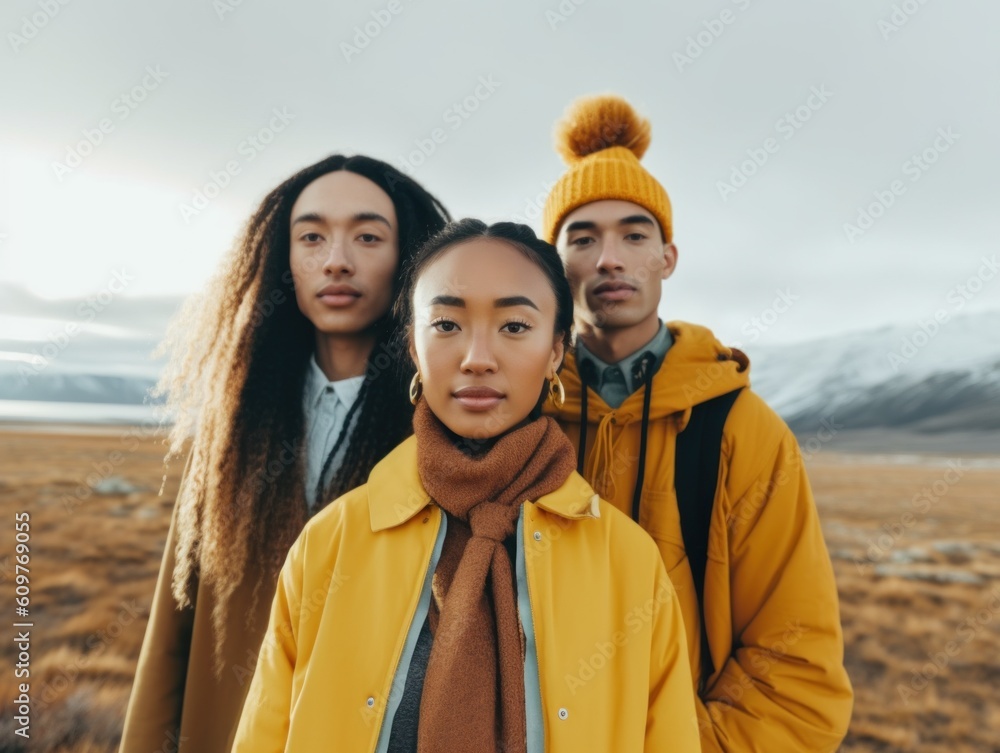 Poster a group of three people standing next to each other. generative ai image.