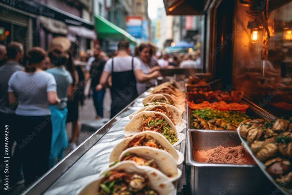 Poster a line of tacos sitting on top of a counter. generative ai image.