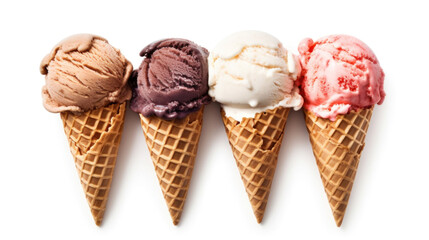 four ice cream cones with the colors of the american flag on a white background. ice cream day in America. Generative AI