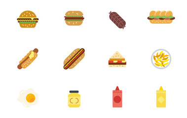 Set of burger icons pack include hamburger sausage, egg, ketchup, mustard and sandwiches vector eps file