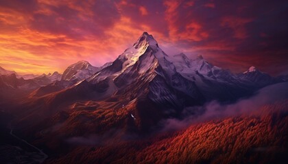 mountain range at dusk with dramatic clouds. Generative ai