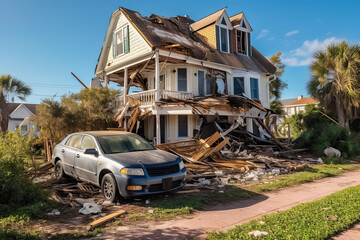 the house is destroyed by a hurricane on the seashore. storm, tornado, natural disaster. the concept of property insurance against accident and natural disaster.Generative AI - obrazy, fototapety, plakaty