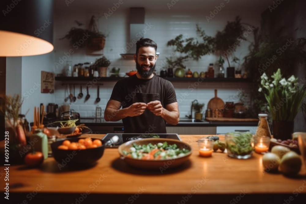 Aufkleber a man standing in front of a table filled with food. generative ai image.
