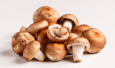 Close up shot of Baby Bella mushrooms on a white background