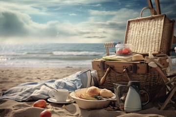 Fototapeta na wymiar photo of picnic with beach view full of details Generated AI