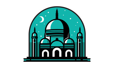 a stylized of a muslim mosque,a flat design of a masjid for Islamic organizations or communities,Beautiful Islam temple icon,crescent and cloud,Vector Illustration,Eid Mubarak greetings,Ramadan Kareem