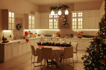 Cozy spacious kitchen decorated for Christmas. Interior design