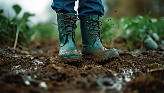 Close-up of a farmer's feet in rubber boots walking down a farmer field dust rising from shoes. Low angle.