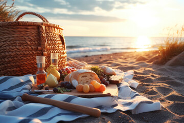 photo of picnic with beach view full of details Generated AI - obrazy, fototapety, plakaty