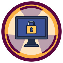    vector icon of monitor with a padlock inside a circle with burgundy lines