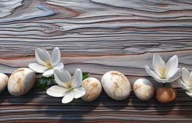 Fototapeta na wymiar white flowers and stones on wooden background