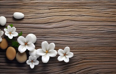 Obraz na płótnie Canvas white flowers and stones on wooden background