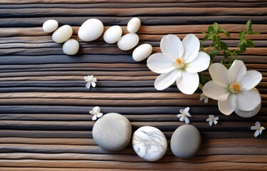 Fototapeta na wymiar Rocks and white flowers laying on wooden floor