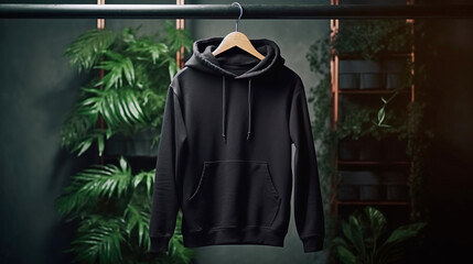 Blank black male hooded sweatshirt long sleeve mockup on concrete wall background with houseplants. Generative AI