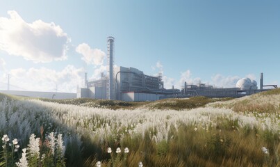 Fototapeta na wymiar Nuclear power plant with green field and blue sky made with generative AI