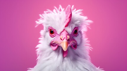 Portrait of funny white chicken, closeup, on pink background. Generative AI