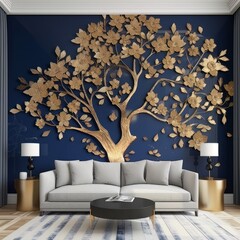 A rest room with a blue wall and a golden abstraction in the form of a tree AI Generative AI