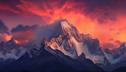 mountain range at dusk with dramatic clouds. Generative ai
