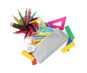 Fototapeta premium Many different school stationery isolated on white, top view