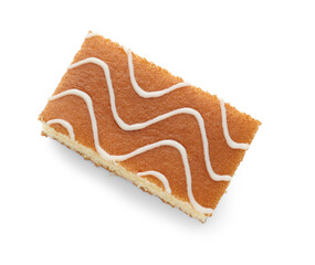 Delicious sponge cake isolated on white, top view